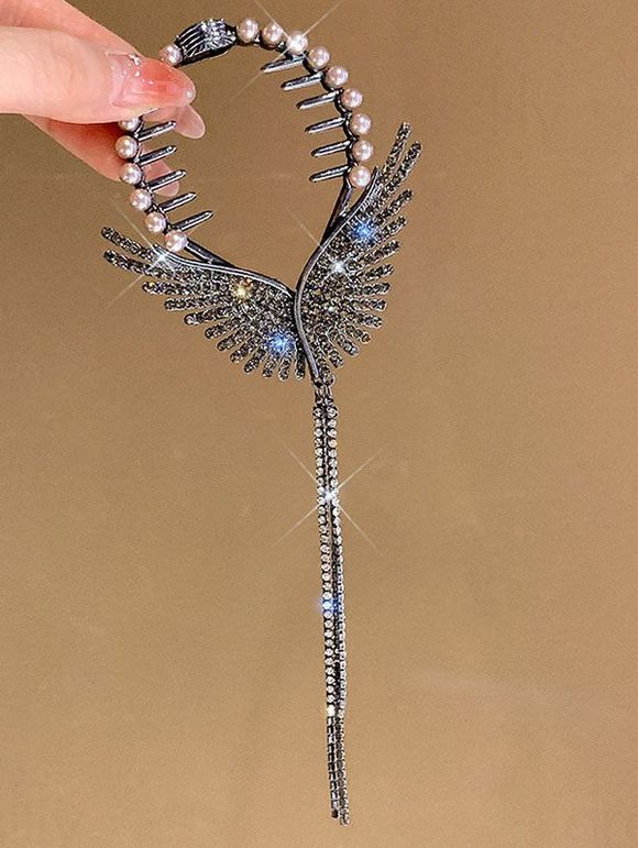 Pince Queue à Cheveux Motif Aile en Strass et Pompons - Noir 