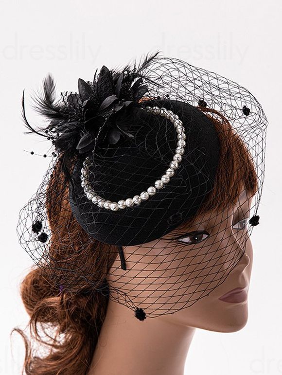 Chapeau Fascinateur de Voile Vintage Embelli de Fleur avec Fausse Perle Plume - Noir 