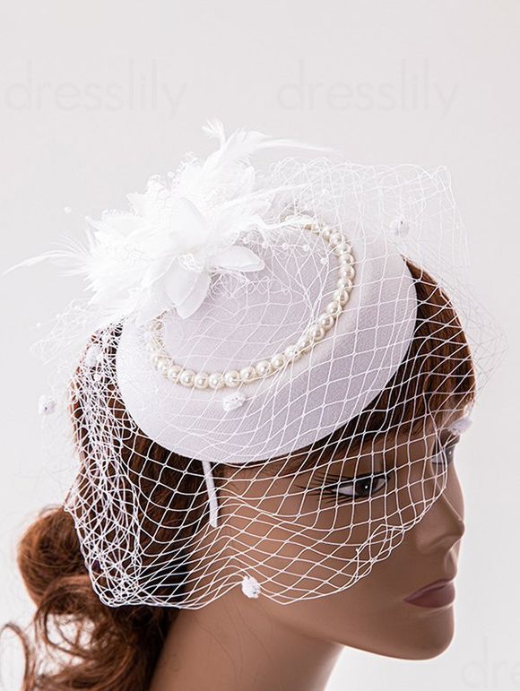 Chapeau Fascinateur de Voile Vintage Embelli de Fleur avec Fausse Perle Plume - Blanc 