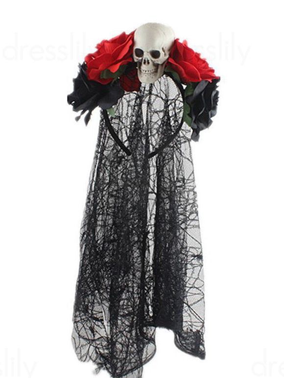 Bandeau de Cheveux D'Halloween de Soirée Cosplay Crâne Fleur avec Voile en Dentelle - Rouge 
