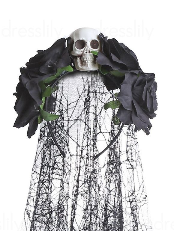 Bandeau de Cheveux D'Halloween de Soirée Cosplay Crâne Fleur avec Voile en Dentelle - Noir 