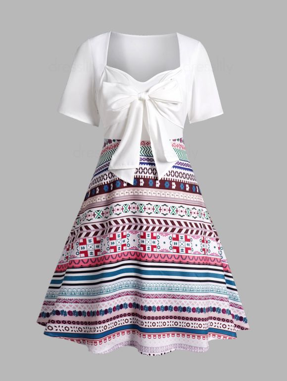 Mini Robe à Imprimé Tribale Géométrique avec Nœud Papillon à Manches Courtes - Blanc L