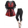 Ensemble Décontracté de T-shirt Long à Carreaux Imprimé à Manches Bouffantes Mousseline de Soie et Pantalon Capri Chaîne à Lacets - multicolor S