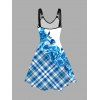 Plus Size Dress Plaid Rose Print V Neck O-ring Strap Sleeveless A Line Midi Dress - BLUE 1X