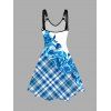 Plus Size Dress Plaid Rose Print V Neck O-ring Strap Sleeveless A Line Midi Dress - BLUE 3X