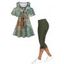 Tie Dye Tree Print Crisscross Cold Shoulder T Shirt And Lace Up Skinny Crop Leggings Casual Outfit - GREEN S