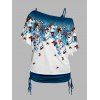 Ensemble de T-shirt à Imprimé Feuille Papillon en Blocs de Couleurs et Débardeur Long Froncé à Volants de Grande Taille - Bleu 5X