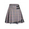 Mini Jupe Ligne A Plissée Haute Basse à Carreaux Imprimée à Bretelle Bouclée - Gris L
