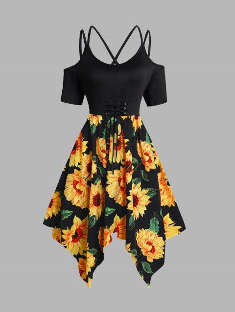 Sunflower Leaf Print Dress Crisscross Lace Up Asymmetrical Hem Cold Shoulder Midi Dress