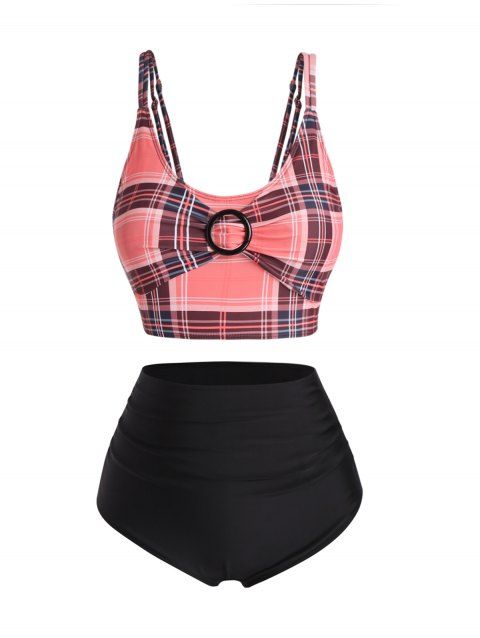Plus Size Tummy Control Plaid Print Swimsuit O Ring High Waist Mix and Match Summer Tankini Swimsuit