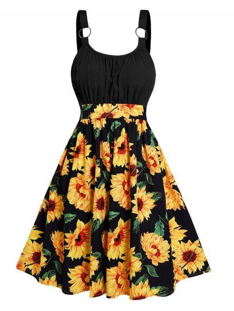 Sunflower Print Colorblock Sundress Ruched O Ring High Waist Vacation Dress