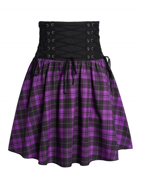 Plaid Print Skirt Colorblock Lace Up Grommet Wide High Waist Zipper Fly A Line Mini Skirt