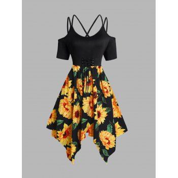 

Sunflower Leaf Print Dress Crisscross Lace Up Asymmetrical Hem Cold Shoulder Midi Dress, Black