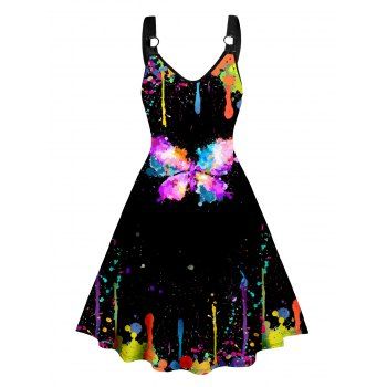 

Butterfly Splash Ink Print Dress O-ring Strap V Neck High Waisted A Line Mini Dress, Black