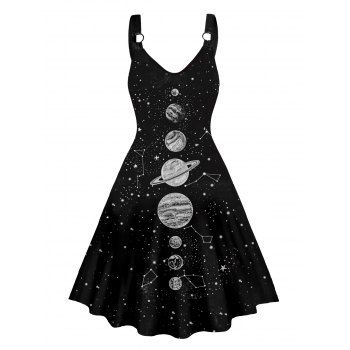 

Celestial Planet Galaxy Star Print Dress V Neck O-ring Strap High Waisted A Line Mini Dress, Black