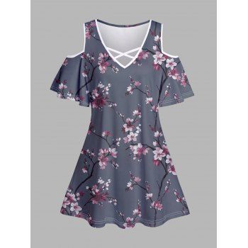 

Peach Blossom Flower Print Cold Shoulder T-shirt Crisscross Short Sleeve Tee, Concord