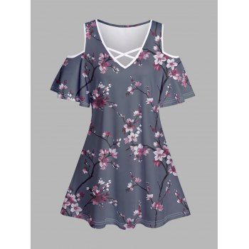 

Peach Blossom Flower Print Cold Shoulder T-shirt Crisscross Short Sleeve Tee, Concord