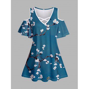 

Peach Blossom Flower Print Cold Shoulder T-shirt Crisscross Short Sleeve Tee, Blue