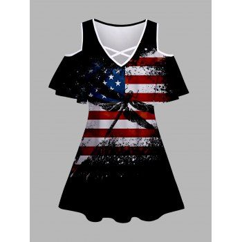 

American Flag Dragonfly Print Cold Shoulder T-shirt Crisscross Short Sleeve Tee, White