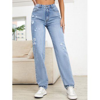 

Light Wash Ripped Wide Leg Jeans Zip Fly Long Loose Denim Pants, Light blue