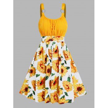 

Sunflower Print Colorblock Sundress Ruched O Ring High Waist Vacation Dress, White