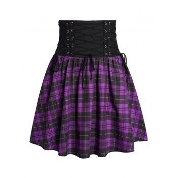 

Plaid Print Skirt Colorblock Lace Up Grommet Wide High Waist Zipper Fly A Line Mini Skirt, Concord