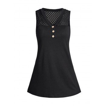 

See Thru Lace Panel V Neck Tank Top Solid Color Mock Button Casual Tank Top, Black