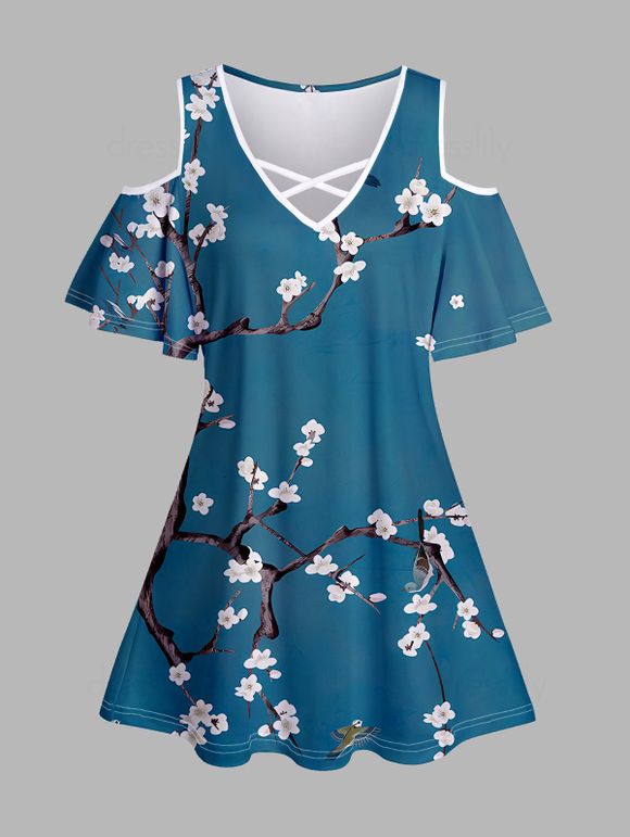 T-shirt Croisé à Imprimé Fleur de Pêcher à Epaule Dénudée à Manches Courtes - Bleu XXL