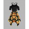 Robe Mi-Longue Croisée Asymétrique à Imprimé Feuille de Tournesol à Epaule Dénudée à Lacets - Noir S