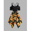 Robe Mi-Longue Croisée Asymétrique à Imprimé Feuille de Tournesol à Epaule Dénudée à Lacets - Noir L