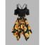 Robe Mi-Longue Croisée Asymétrique à Imprimé Feuille de Tournesol à Epaule Dénudée à Lacets - Noir XXL