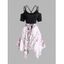Peach Blossom Flower Print Dress Lace Up Crisscross Cold Shoulder Asymmetrical Midi Dress - BLACK XXL