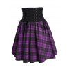 Plaid Print Skirt Colorblock Lace Up Grommet Wide High Waist Zipper Fly A Line Mini Skirt - CONCORD M