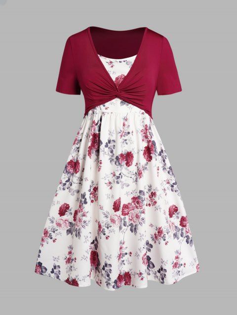 Plus Size Colorblock Set Flower Leaf Print High Waist Midi Dress And Twisted Cropped Top Set