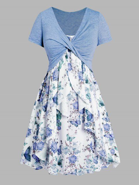 Plus Size Set Flower Butterfly Print Ruffle A Line Midi Dress And Heather Twisted Cropped Top Set