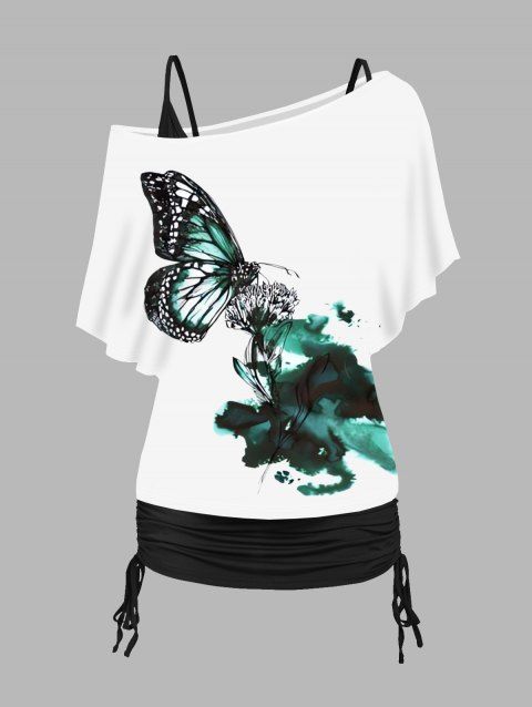 Butterfly Flower Print Ink Painting Skew Neck T Shirt And Cinched Ruched Long Tank Top Colorblock Set