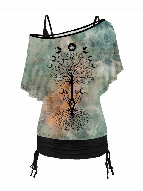 Ensemble de T-shirt Teinté Lune et Arbre à Col Oblique et de Débardeur Simple à Volants