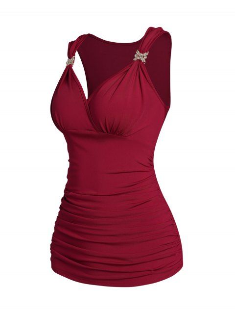 Surplice Tank Top Plain Color Rhinestone Embellishment Ruched Casual Tank Top