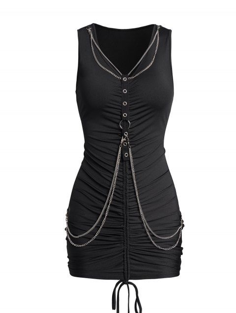 Cinched Dress Ruched Grommet Chain Embellishment V Neck Bodycon Plain Color Mini Dress