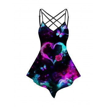 

Heart Rose Butterfly Print Tank Top Lattice Strap Asymmetrical Hem Long Tank Top, Black