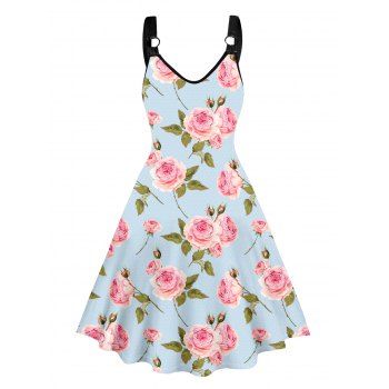 

Vacation Dress Allover Rose Print O-ring Strap V Neck Sleeveless A Line Midi Dress, Light blue