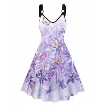 

Vacation Dress Flower Leaf Butterfly Print O-ring Strap V Neck Sleeveless A Line Midi Dress, Light purple