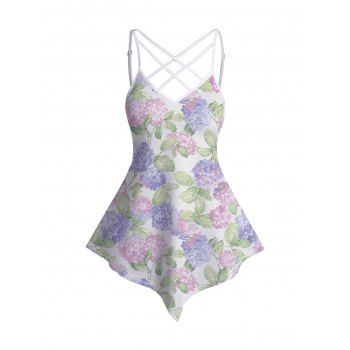 

Flower Leaf Print Tank Top Lattice Strap Asymmetrical Hem Long Tank Top, White