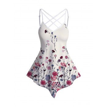 

Flower Leaf Print Tank Top Lattice Strap Asymmetrical Hem Long Tank Top, White