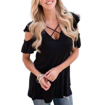 

Cut Out Flutter Sleeve T-shirt Solid Color Crisscross Casual Tee, Black
