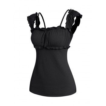 

Ruffle Tank Top Bowknot Ruched Plain Color Casual Tank Top, Black