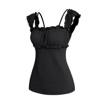 

Ruffle Tank Top Bowknot Ruched Plain Color Casual Tank Top, Black