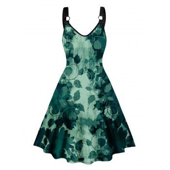 

Leaf Printed Dress O-ring Strap V Neck Sleeveless A Line Midi Dress, Green