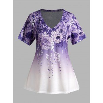 

Plus Size T Shirt Ombre Flower Print V Neck Short Sleeve Curve Tee, Purple