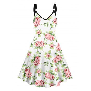 

Vacation Dress Rose Leaf Print O-ring Strap Sleeveless V Neck A Line Midi Dress, White